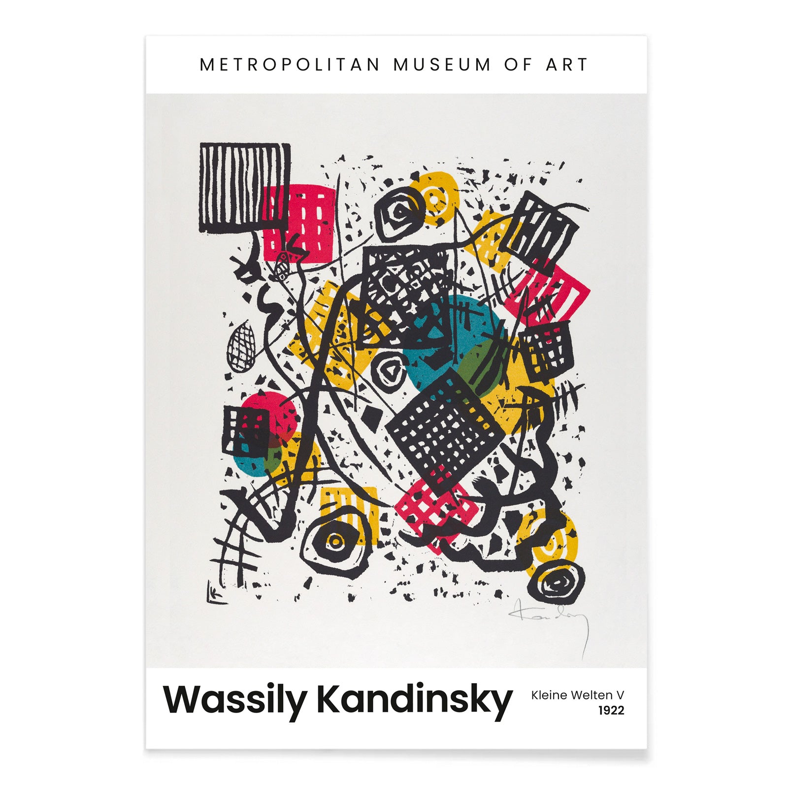 Abstract geometric composition with bold shapes and vibrant colors Kleine Welten V Small Worlds V by Wassily Kandinsky poster wall decor, with black aluminium frame on white background