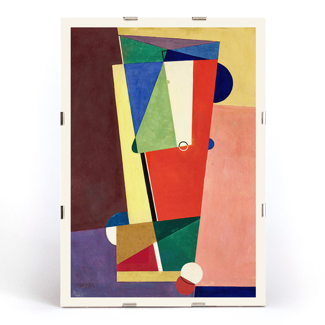 Abstract geometric shapes in vibrant colors inspired by Georges Valmier modern wall art poster suitable for contemporary decor, framed and displayed in modern living room decor