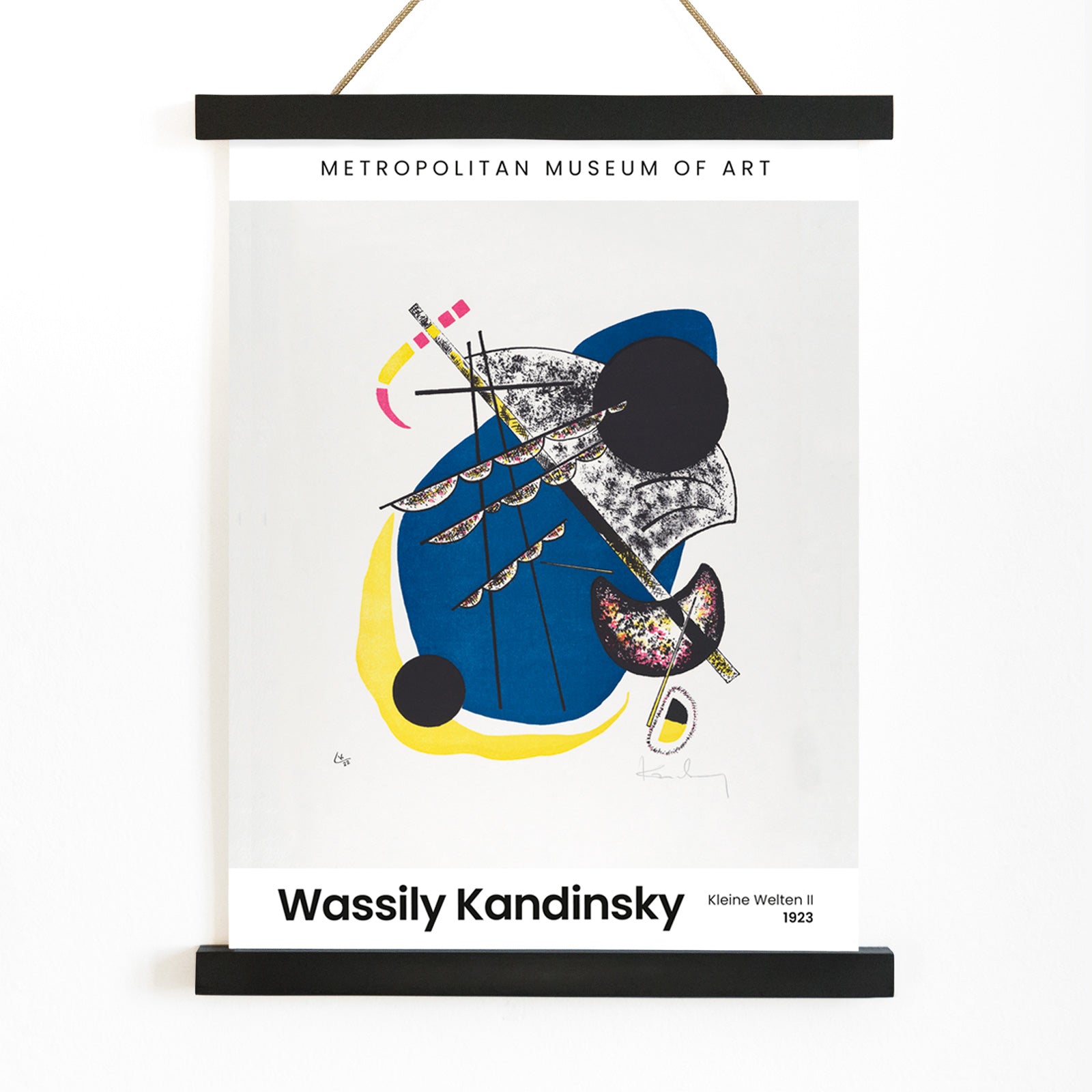 Abstract geometric art poster with bold colors blue yellow and black featuring Kleine Welten II Small Worlds II by Wassily Kandinsky, with wooden magnetic frame on white background