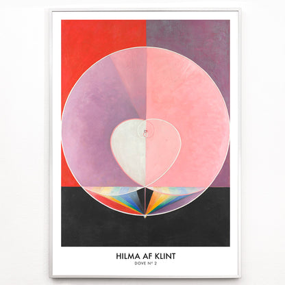 Closeup detail of Abstract geometric shapes in pastel and rainbow colors with heart motif poster inspired by Doves by Hilma af Klint