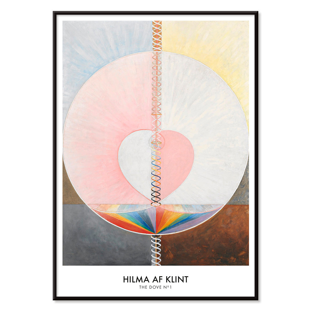 Abstract geometric spiritual art poster with pastel colors and shapes from The Dove by Hilma af Klint modern wall decor, with black aluminium frame on white background