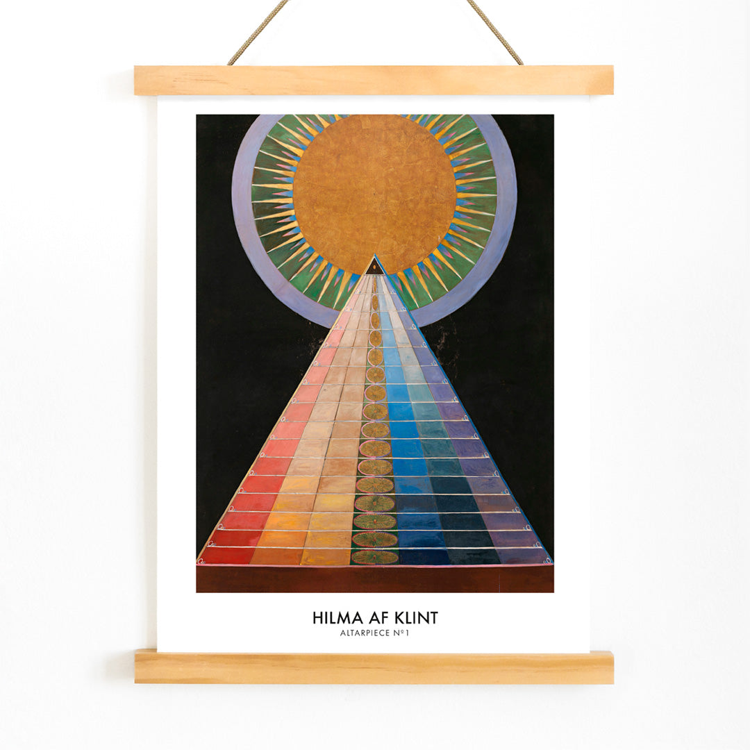 Colorful geometric abstract art poster with radiant circle pyramid and sun motif by Hilma AF Klint Altarpiece No 1 Group X, with wooden magnetic frame on white background