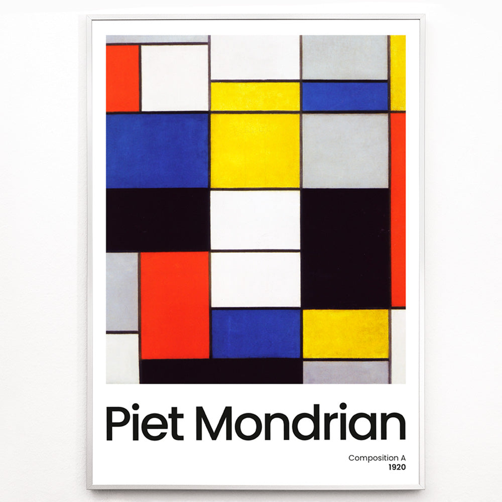 Closeup detail of Abstract geometric art poster with colorful squares and rectangles by Piet Mondrian Composition A modern wall decor