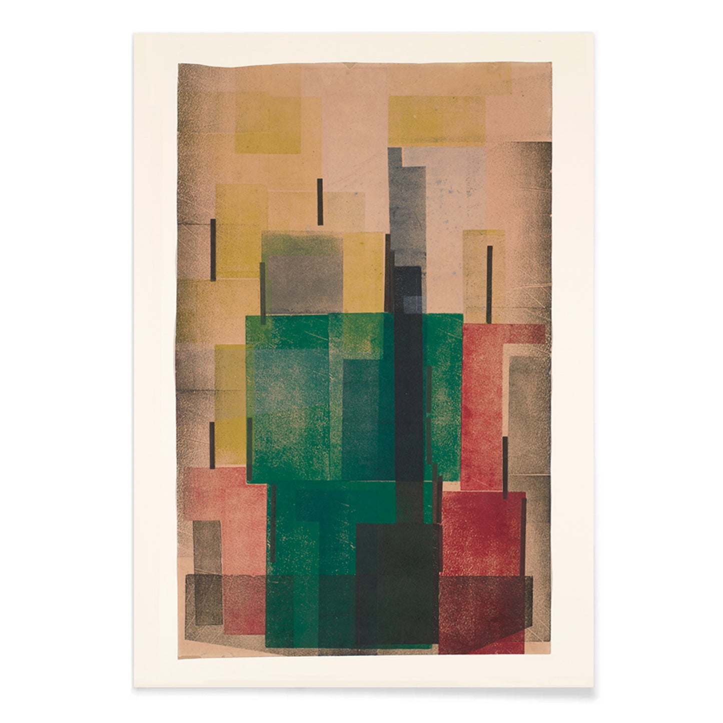 Abstract geometric poster with overlapping green red and yellow rectangular shapes by Hendrik Nicolaas Werkman titled Rectangular Surfaces, with black aluminium frame on white background