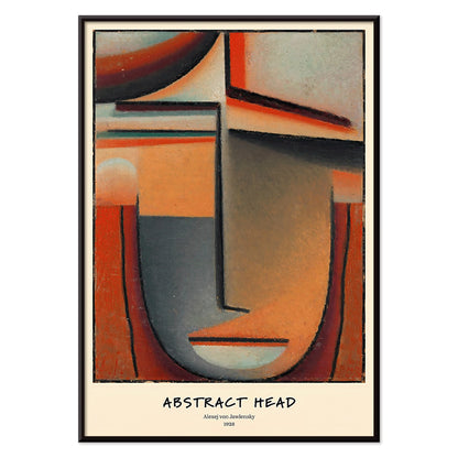 Abstract Head Tragic by Alexej von Jawlensky geometric abstract painting and poster with warm tones and stylized face, with black aluminium frame on white background