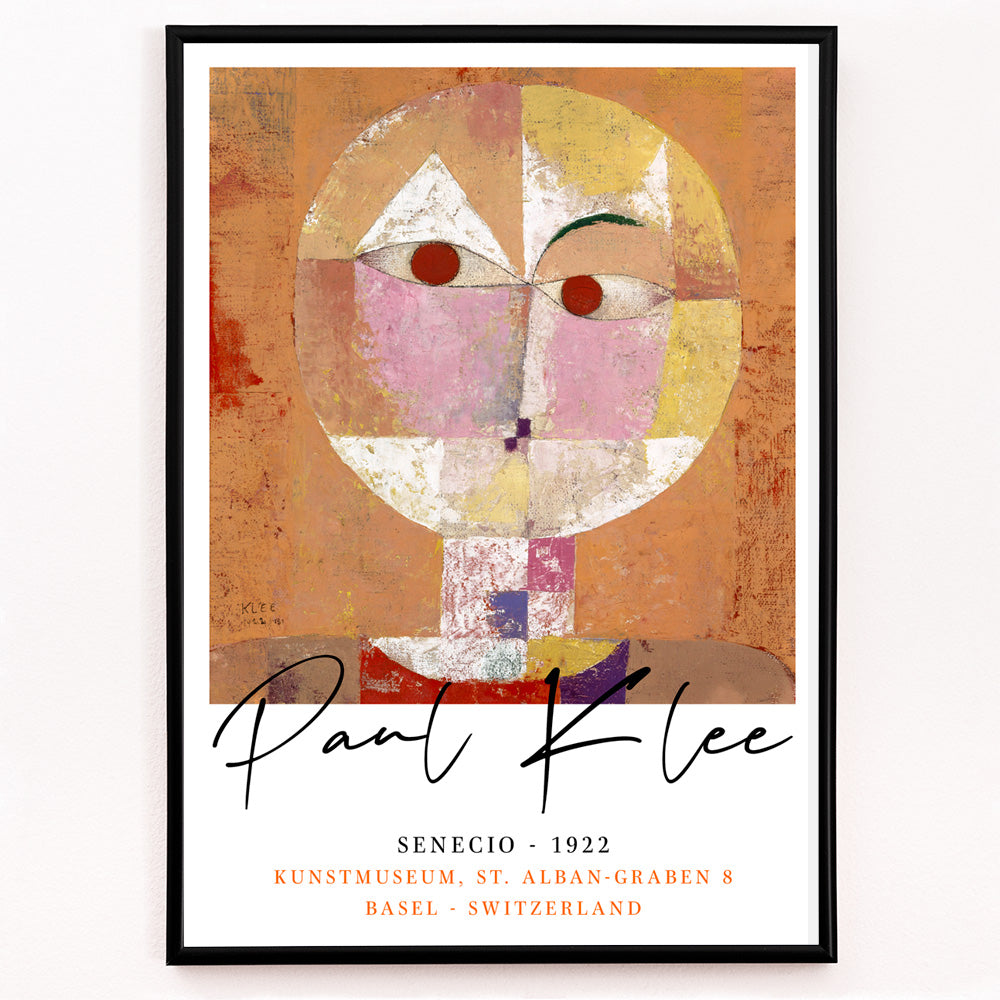 Closeup detail of Abstract geometric portrait Senecio by Paul Klee with warm colors and geometric shapes on orange background poster