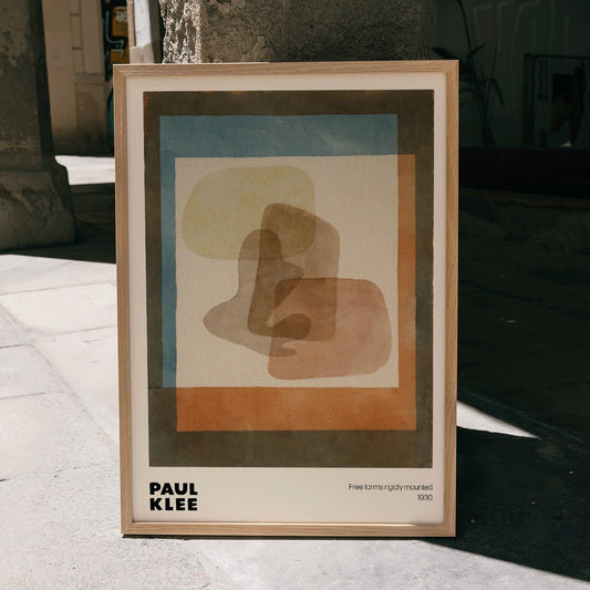 Abstract art by Paul Klee featuring overlapping and layered colors with geometric shapes from Free forms rigidly mounted, framed and displayed in home decor