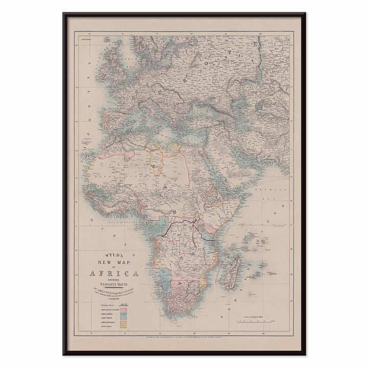 Wyld New Map of Africa vintage cartographic poster in beige grey blue and red tones, with black aluminium frame on white background