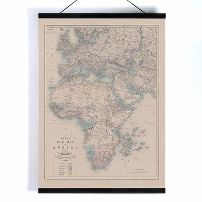 Wyld New Map of Africa vintage cartographic poster in beige grey blue and red tones, with wooden magnetic frame on white background