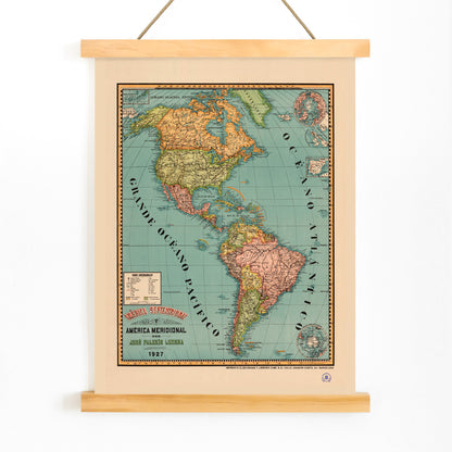 Vintage map poster of North and South America titled América septentrional y América meridional by Paluzie Lucena Josep, with wooden magnetic frame on white background