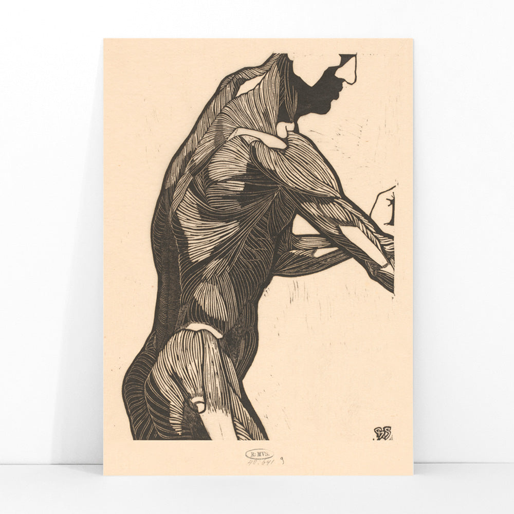 Anatomical poster of mans side and arm showing detailed muscle structure artwork by Reijer Stolk, framed and displayed in modern living room decor