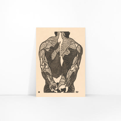 Detailed anatomical illustration of human back muscles artwork titled Back Muscles by Reijer Stolk with intricate linework, framed and displayed in modern living room decor