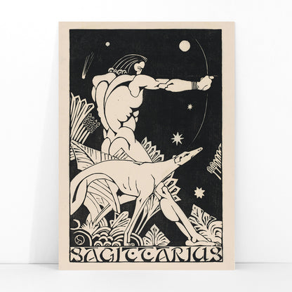 Sagittarius archer centaur and dog zodiac artwork surrounded by stars by Henri van der Stok poster, framed and displayed in modern living room decor