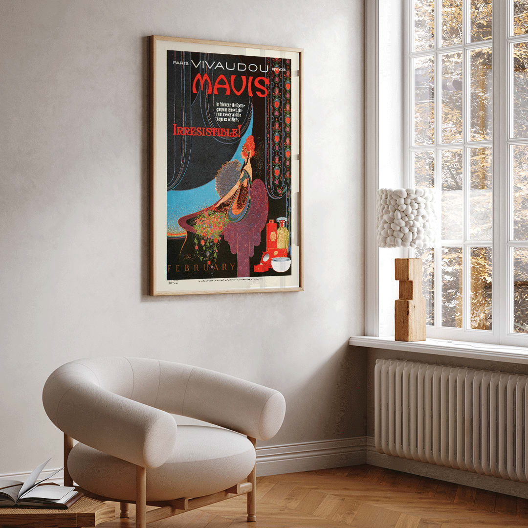 Elegant woman in art deco style with perfume bottles vibrant colors and wall decor poster for Mavis Irresistible by Fred L Parker, framed and displayed in home decor