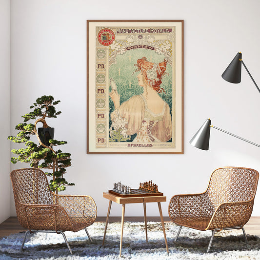 Art Nouveau poster by Alphonse Mucha featuring a woman in a corset with mirror and floral details Manufacture Royale De Corsets, framed and displayed in home decor