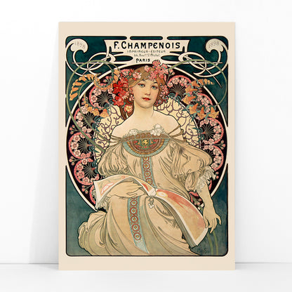 Art Nouveau poster by Alphonse Mucha featuring an elegant woman in a floral dress with flowers in her hair Affiche Champenois Imprimeur, framed and displayed in modern living room decor