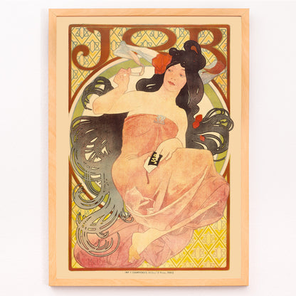 Closeup detail of Art Nouveau poster by Alphonse Mucha featuring an elegant woman in a flowing dress with dark hair titled Job