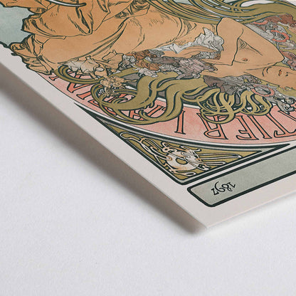Closeup detail of Alphonse Mucha Au Quartier Latin poster with elegant woman and flowing floral tendrils in soft peach green and cream tones