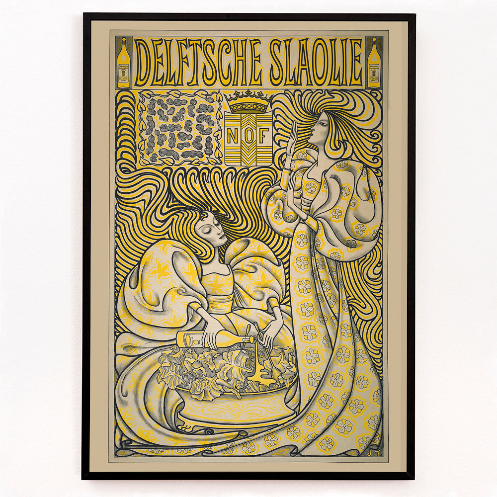 Closeup detail of Poster of two women in flowing dresses with decorative swirling patterns and a salad oil bottle Delft Salad Oil by Jan Toorop
