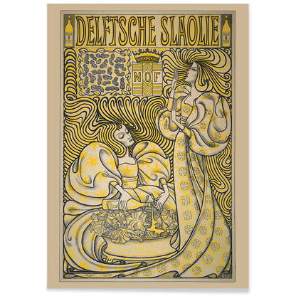 Poster of two women in flowing dresses with decorative swirling patterns and a salad oil bottle Delft Salad Oil by Jan Toorop, with black aluminium frame on white background