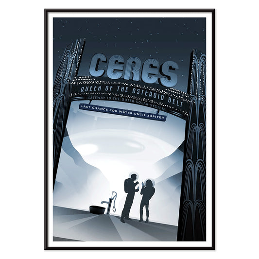 Space travel art illustration of Ceres Queen of the Asteroid Belt by NASA featuring two people at a water pump under a starry sky, with black aluminium frame on white background