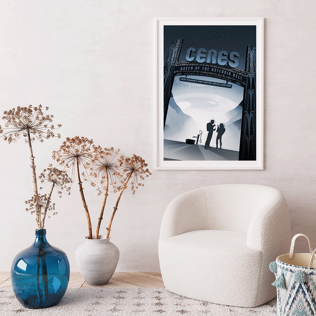 Space travel art illustration of Ceres Queen of the Asteroid Belt by NASA featuring two people at a water pump under a starry sky, framed and displayed in home decor