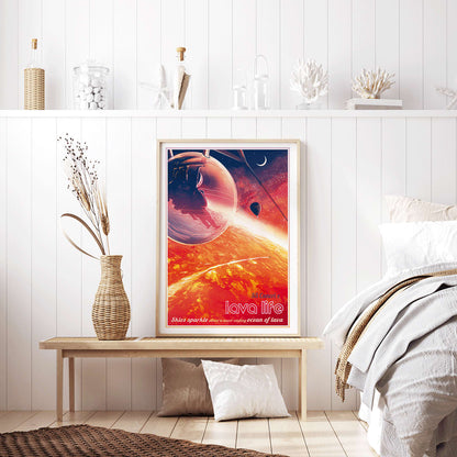 Astronaut in a pod above a glowing lava planet with a hot air balloon and crescent moon in Lava Life by NASA poster, framed and displayed in home decor