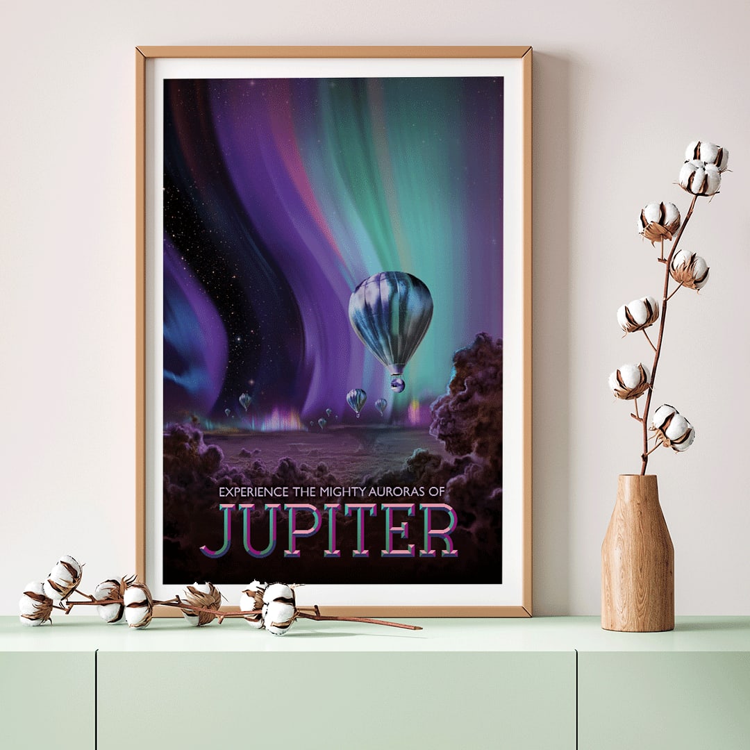 Hot air balloons under vibrant colorful auroras on Jupiter artwork by NASA space travel poster, framed and displayed in home decor