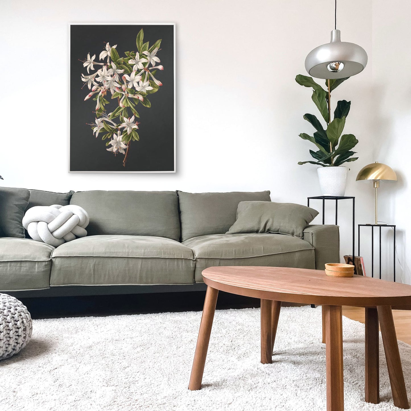 Botanical illustration poster of white azalea flowers and green leaves on a branch by M de Gijselaar titled Branch of Azaleas in Bloom, framed and displayed in home decor