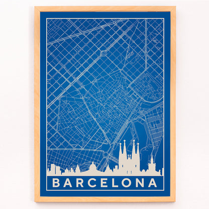 Minimalist blue and white map of Barcelona by Moryarty featuring iconic landmarks street layout and skyline poster titled Minimalist Map of Barcelona 2, framed and displayed in modern living room decor