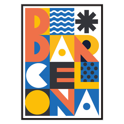 Minimalist Barcelona poster by Moryarty featuring bold geometric patterns vibrant colors and modern text design, with black aluminium frame on white background