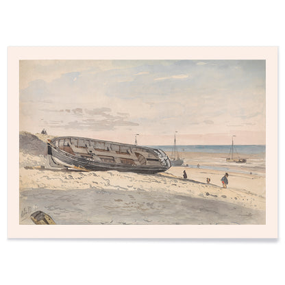 Beached barges and figures on sandy shore with distant boats Barges on the beach by Willem Anthonie van Deventer painting, with black aluminium frame on white background