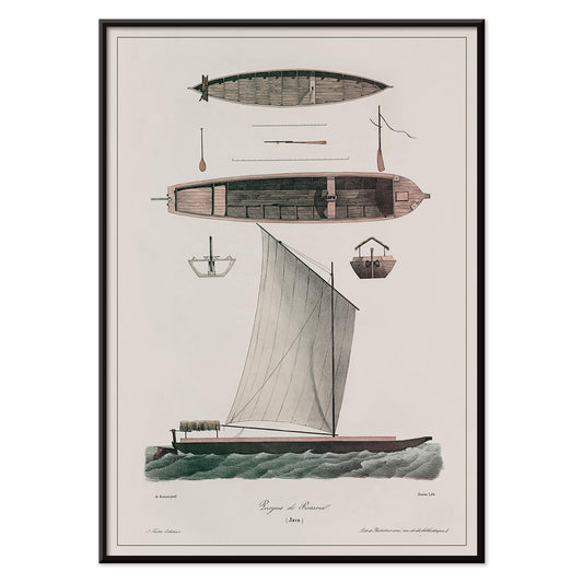 Pirogues of Batavia poster by J. Tastu featuring historic Java boats and a sailing pirogue in muted green beige tones, with black aluminium frame on white background
