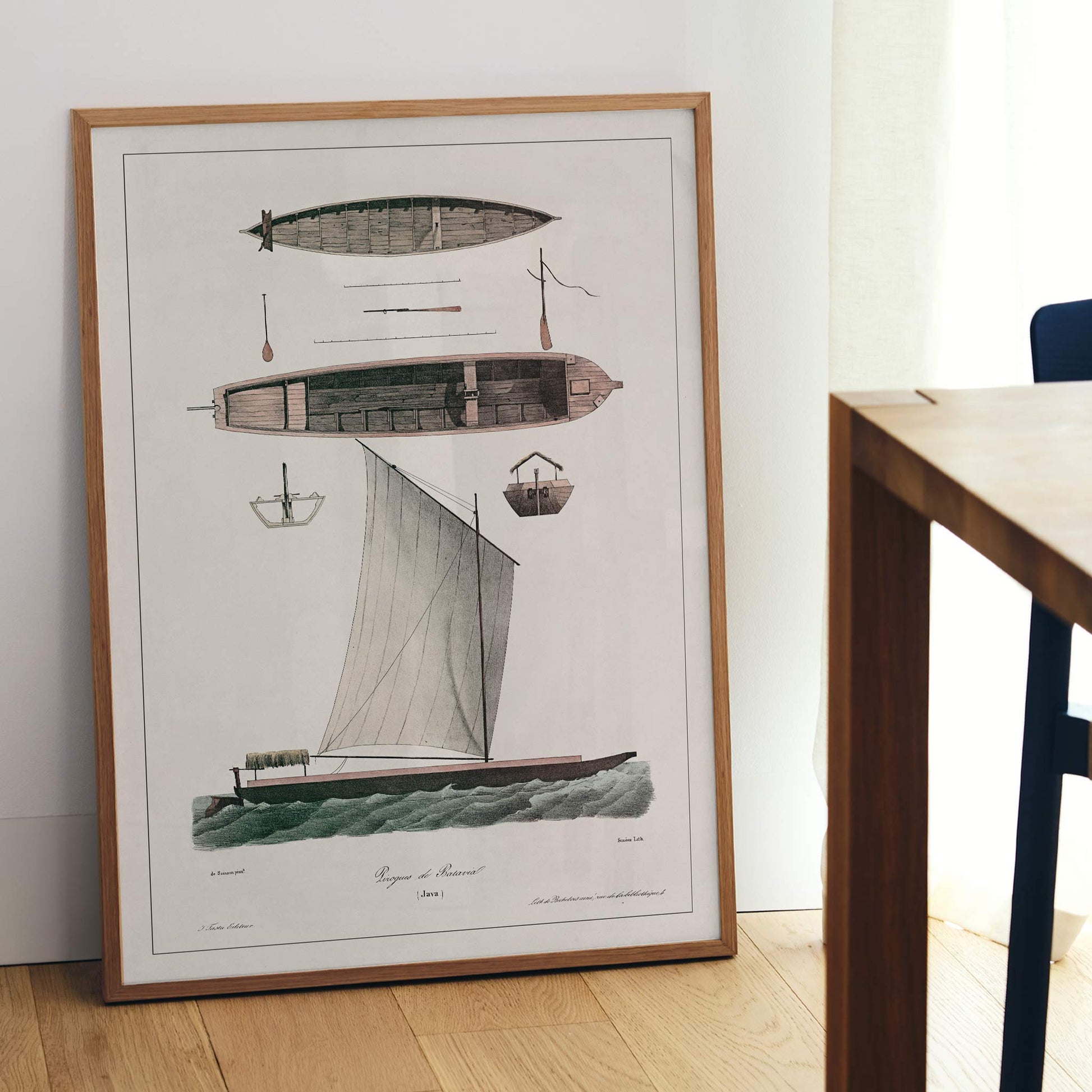 Pirogues of Batavia poster by J. Tastu featuring historic Java boats and a sailing pirogue in muted green beige tones, framed and displayed in modern living room decor
