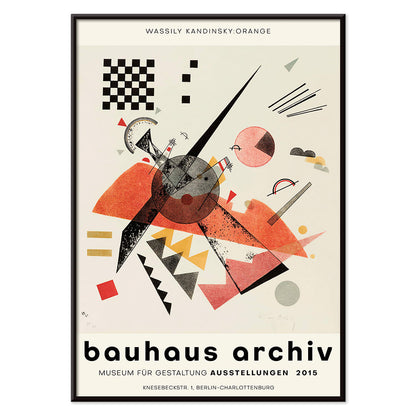 Abstract artwork Orange Bauhaus exhibition poster by Wassily Kandinsky featuring abstract geometric shapes in various colors, with black aluminium frame on white background