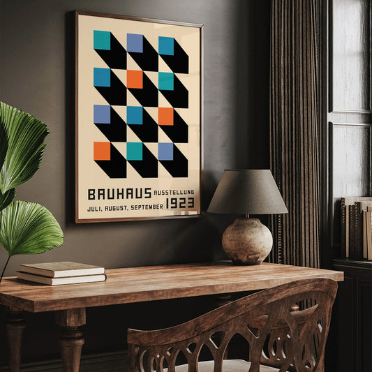 Bauhaus Poster inspired by the Weimar Exhibition with geometric patterns bold colors by Joost Schmidt in black blue orange and teal squares, framed and displayed in home decor