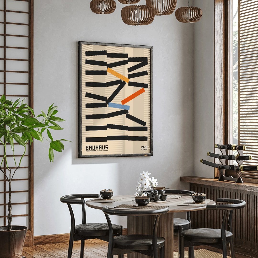 Bauhaus Poster 5 by Kandinsky with abstract geometric design in black orange and blue inspired by Weimar Exhibition on beige background, framed and displayed in home decor
