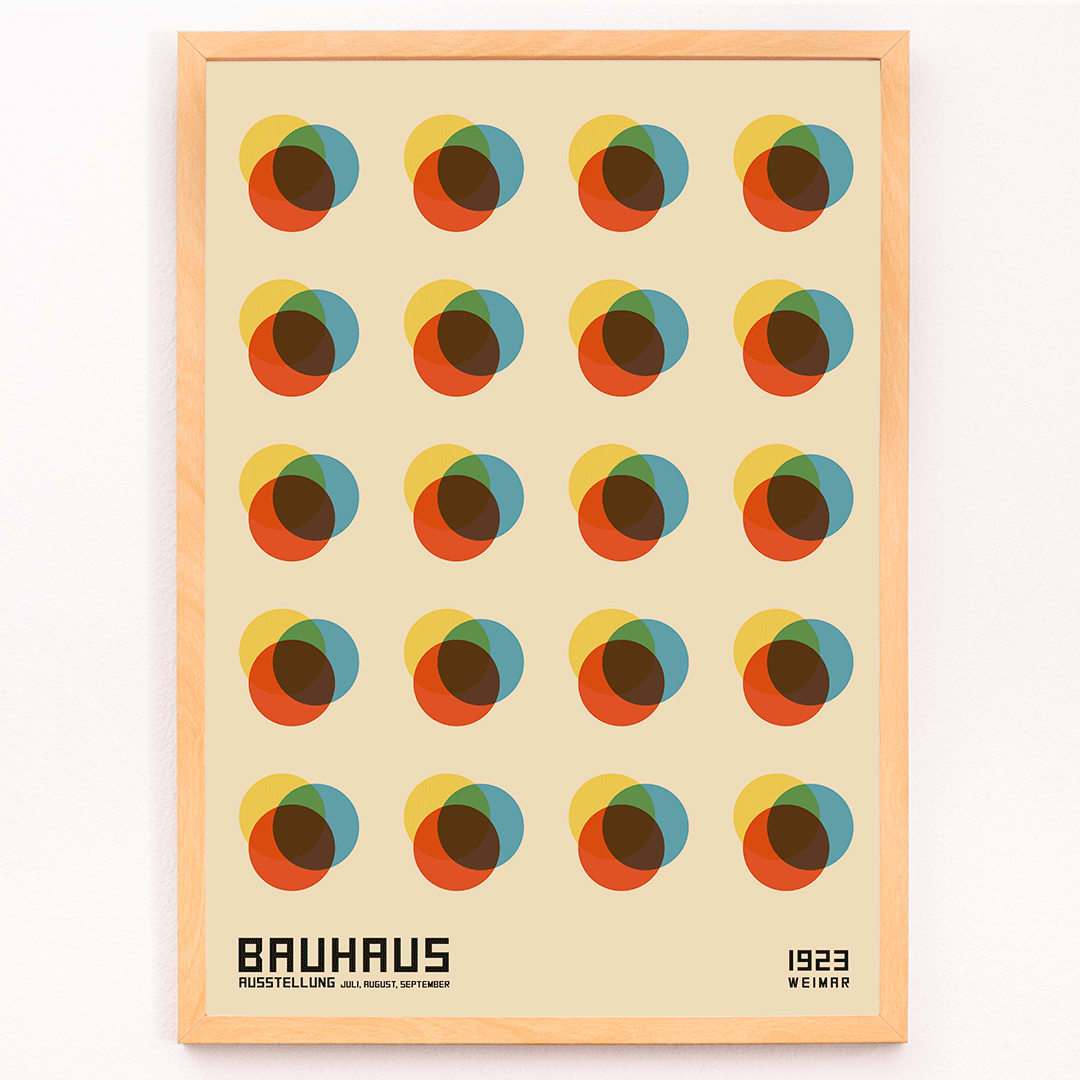 Bauhaus Poster 8 Inspired by the Weimar Exhibition with abstract colorful overlapping circles in a geometric grid pattern, framed and displayed in modern living room decor