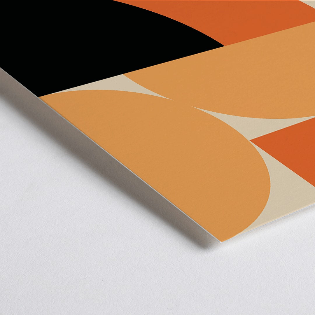 Closeup detail of Bauhaus Poster 4 inspired by the Weimar Exhibition featuring abstract geometric shapes in orange and black by unknown artist