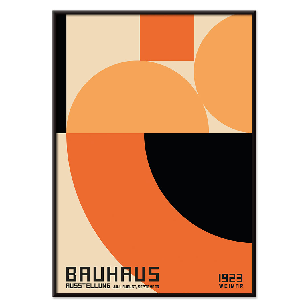 Bauhaus Poster 4 inspired by the Weimar Exhibition featuring abstract geometric shapes in orange and black by unknown artist, with black aluminium frame on white background