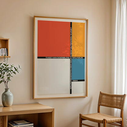 Theo van Doesburg Bauhaus 21 artwork geometric abstract composition poster with bold colors and typography, framed and displayed in home decor