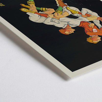 Closeup detail of Bec-Kina poster by Michel Liebeaux showing athletes reaching for a bottle in vibrant dynamic sports-themed artwork