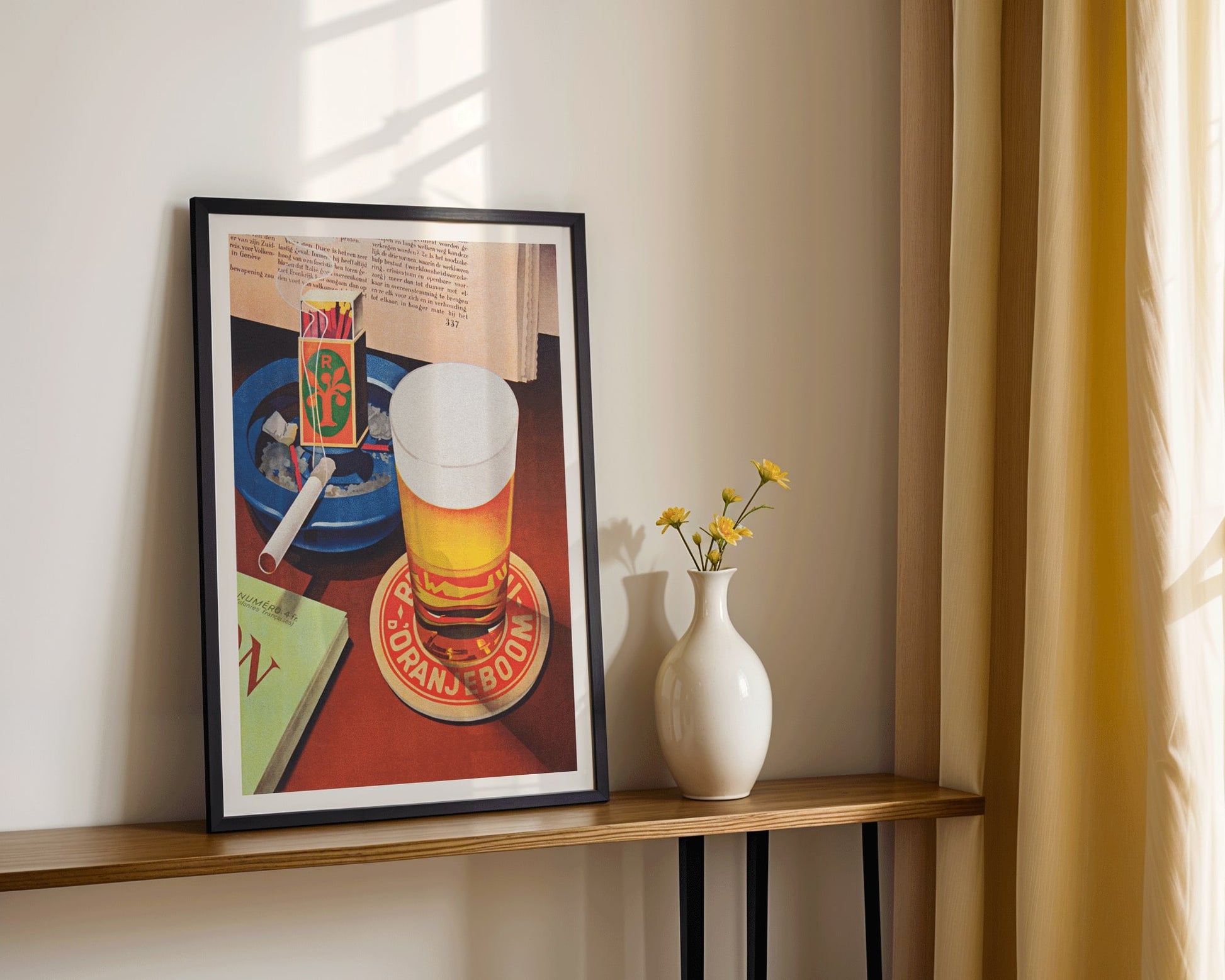 Beer glass on Oranjeboom coaster with cigarette in ashtray and matchbox still life by Bernd Steiner and Anonymous, framed and displayed in modern living room decor
