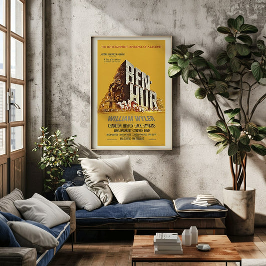 Ben-Hur film poster by William Wyler with Charlton Heston Jack Hawkins large stone chariot race horses and ancient Roman architecture, framed and displayed in home decor