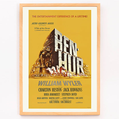 Ben-Hur film poster by William Wyler with Charlton Heston Jack Hawkins large stone chariot race horses and ancient Roman architecture, framed and displayed in modern living room decor