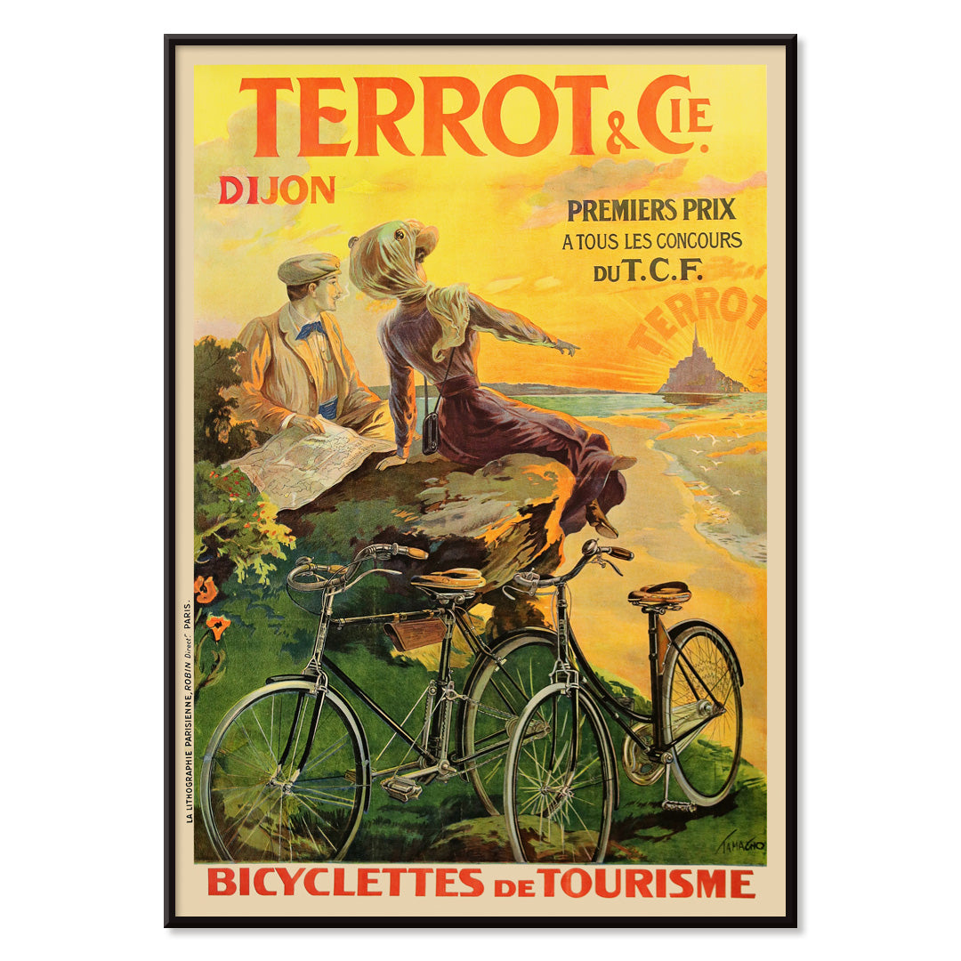 Vintage poster Terrot And Cie Dijon Bicyclettes De Tourisme by Armand Masson showing a couple with touring bicycles overlooking the coast at sunset, with black aluminium frame on white background
