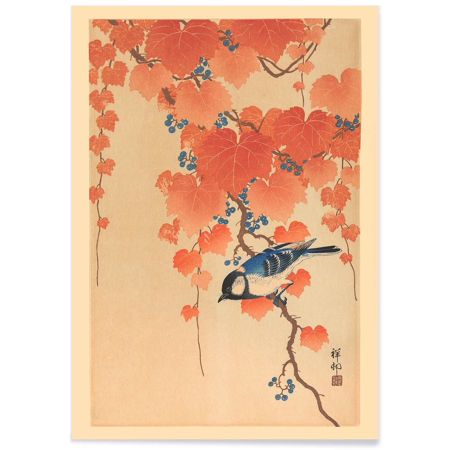 Blue bird on paulownia branch with autumn leaves and berries artwork by Ohara Koson poster, with black aluminium frame on white background