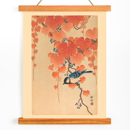 Blue bird on paulownia branch with autumn leaves and berries artwork by Ohara Koson poster, with wooden magnetic frame on white background