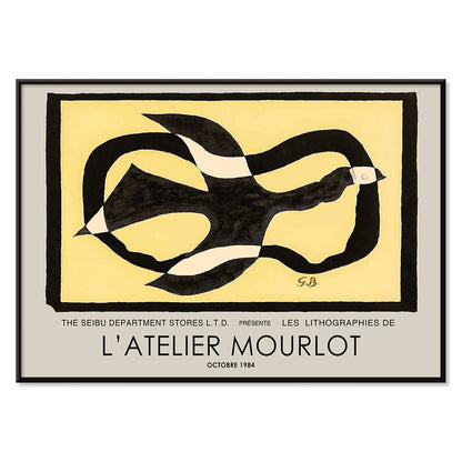 Bird passing through a Cloud by George Braque exhibition poster for L Atelier Mourlot featuring abstract artwork and imagery, with black aluminium frame on white background
