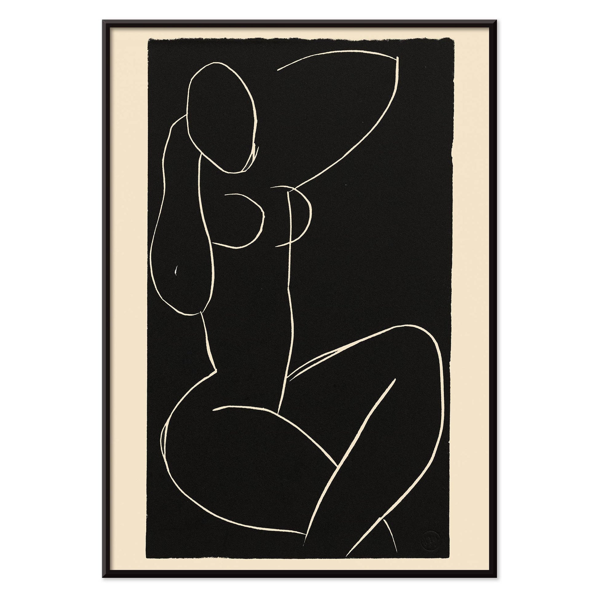 Henri Matisse Seated Nude with Crossed Legs I poster minimalist black and white nude line drawing on dark background, with black aluminium frame on white background